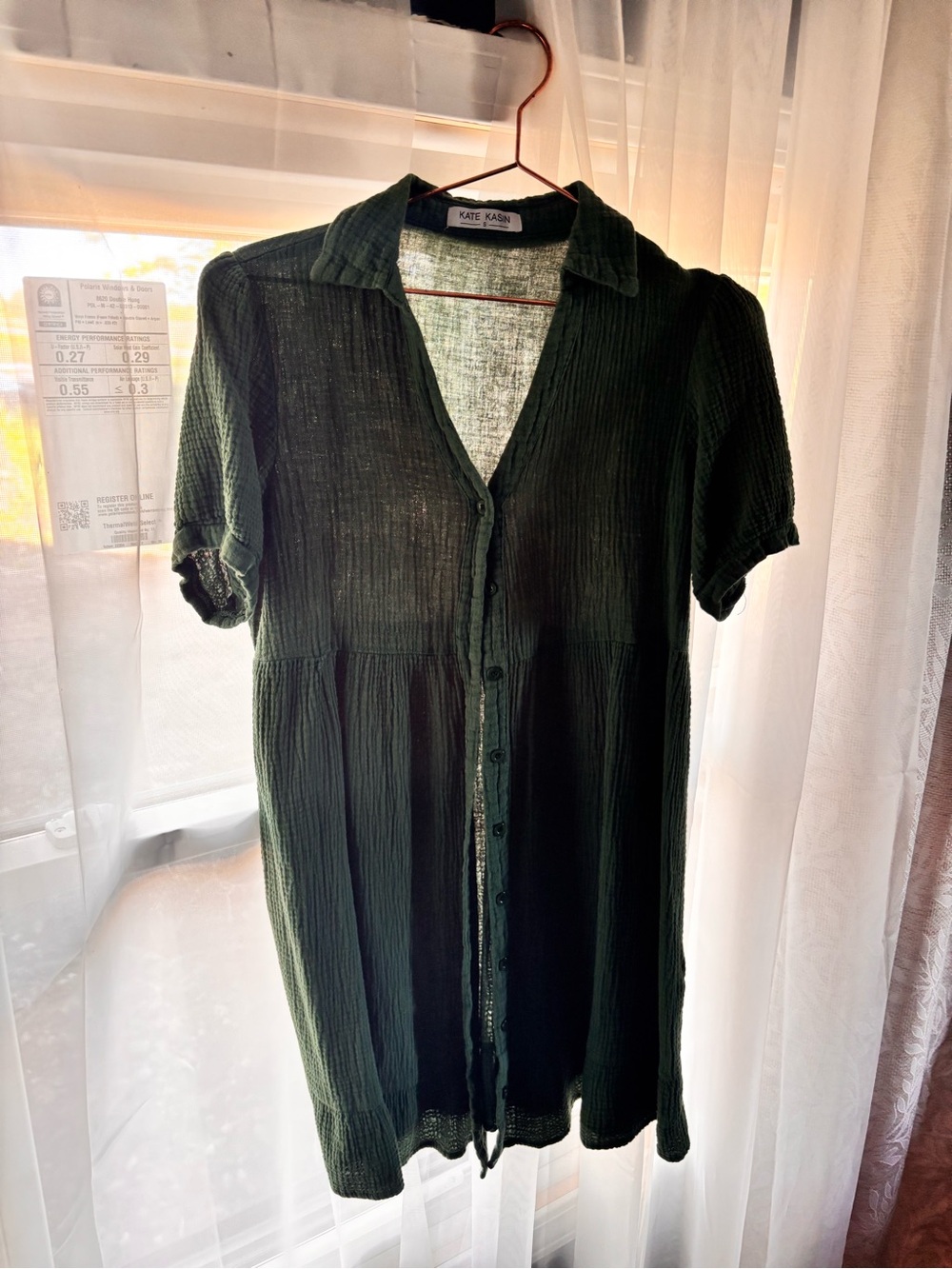 Kate Kason Forest Green Short-Sleeve Button Front Mini Dress